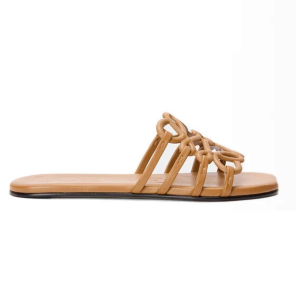 ‘- LOEWE Petal Anagram slide in soft calfskin Camel